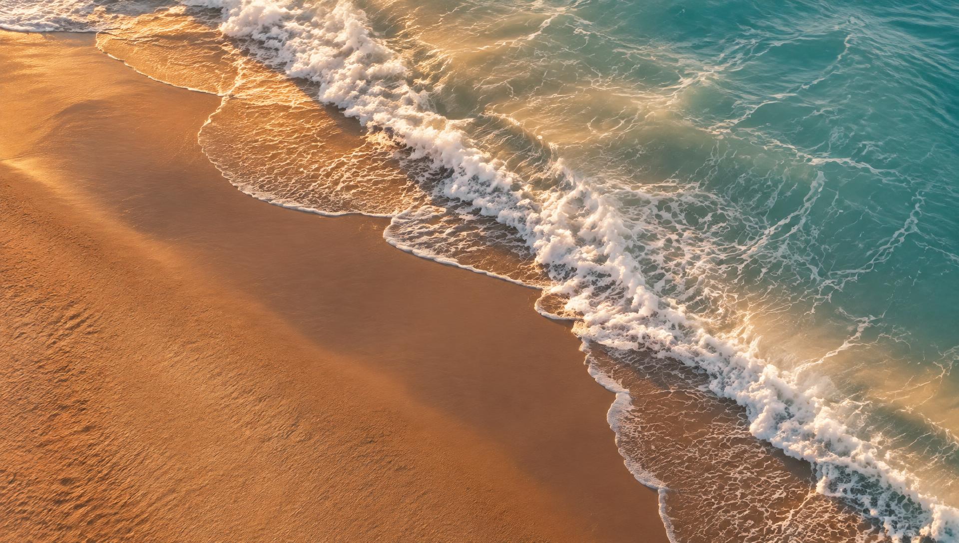 Warm sand meeting seafoam water at golden hour